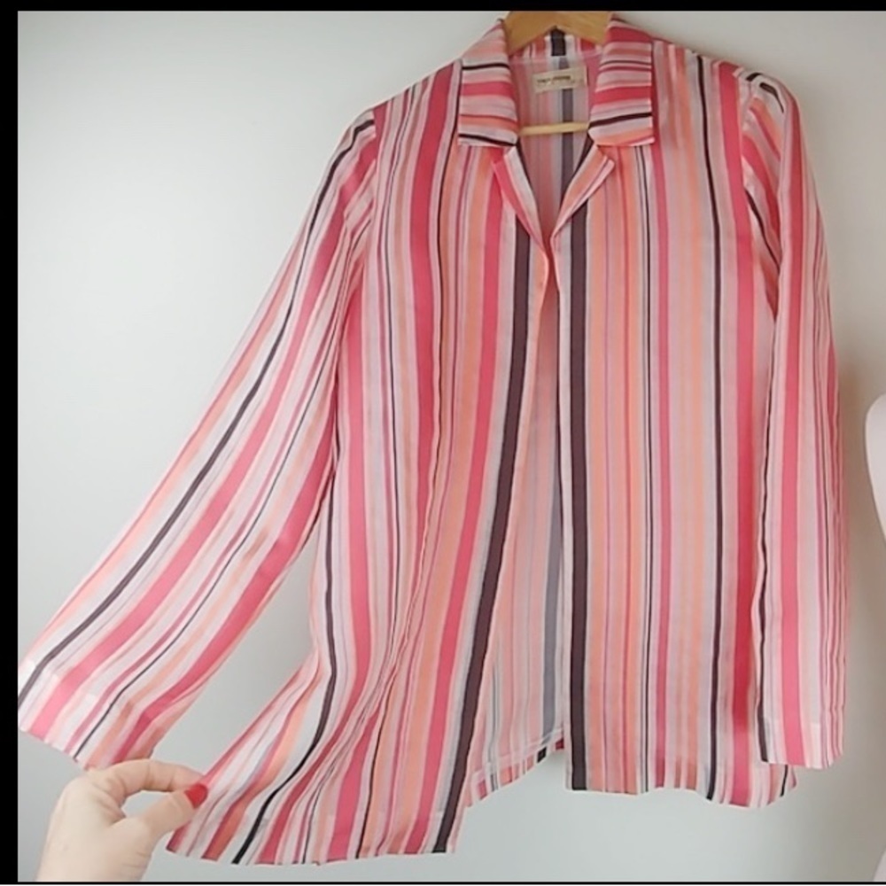 Trousers: stunning organza open front “shacket” blouse, cover up, light jacket